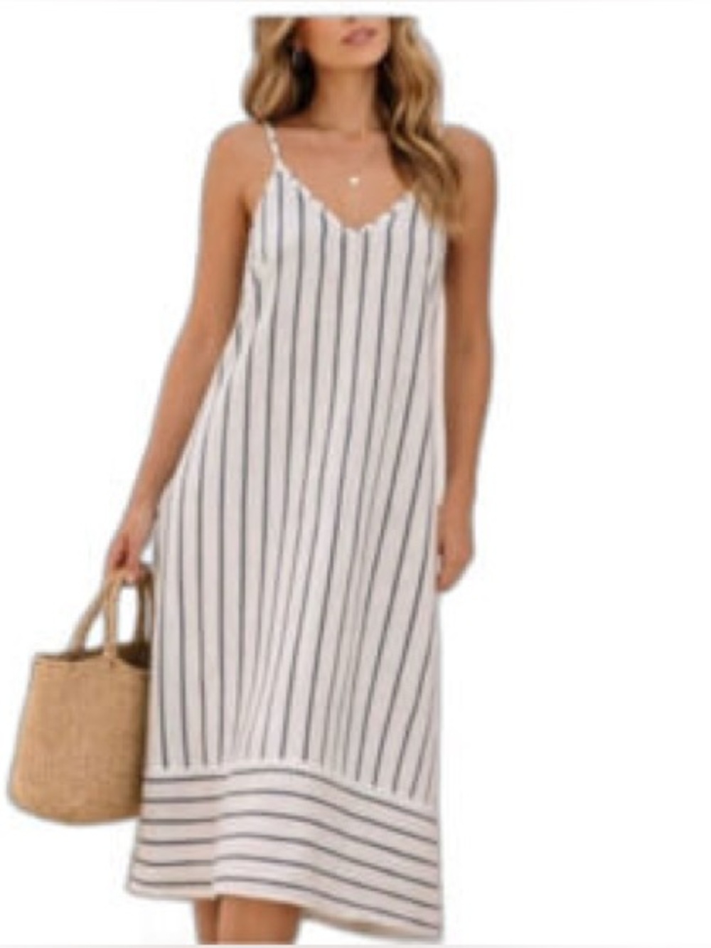 TERZO MILLENNIO Linen Striped Cream Black Sleeveless Midi Dress Size M V-Neck